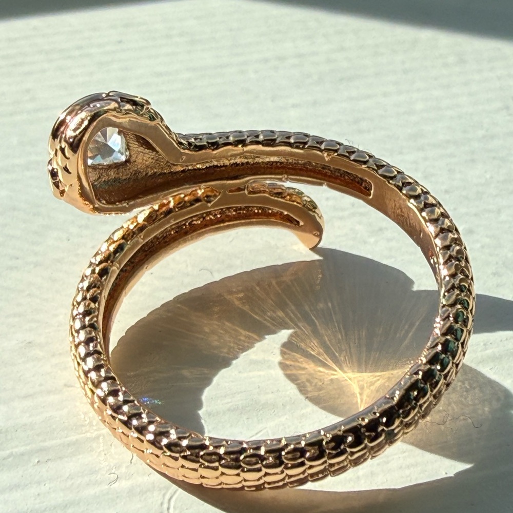 NEW!Pretty Bird Rose Gold Snake Wrap Ring with Clear Teardrop Stone & Green Eyes - Picture 5 of 11